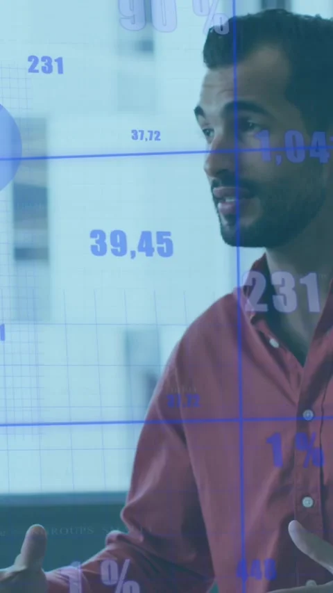 Animation of statistical data processing against diverse colleagues discussing Stock Footage 344766329