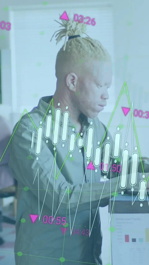 Animation of statistical data processing against albino man using a laptop at Stock Footage 344775056
