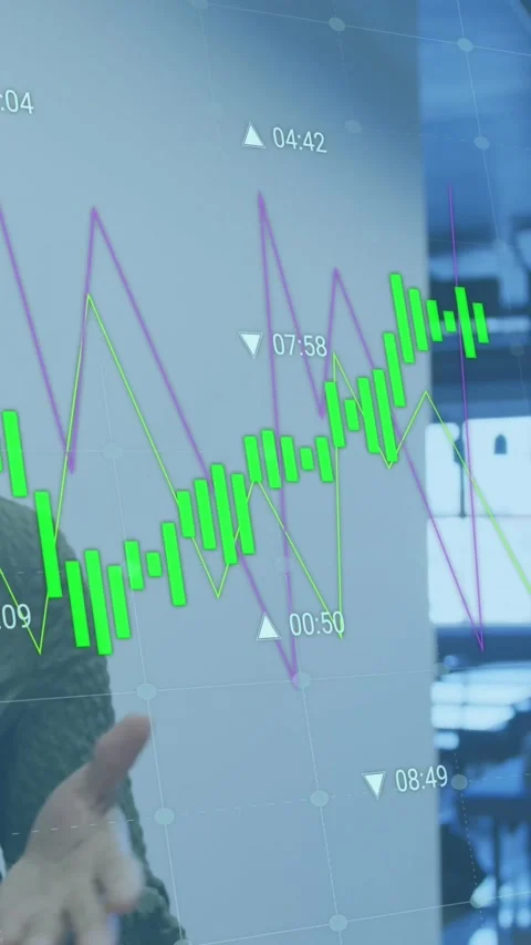 Animation of statistical data processing against two diverse women discussing at Stock Footage 344775057