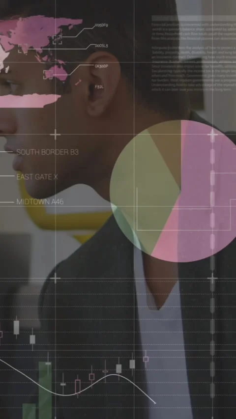 Animation of statistical data processing against man talking on smartphone in Stock Footage 344775067