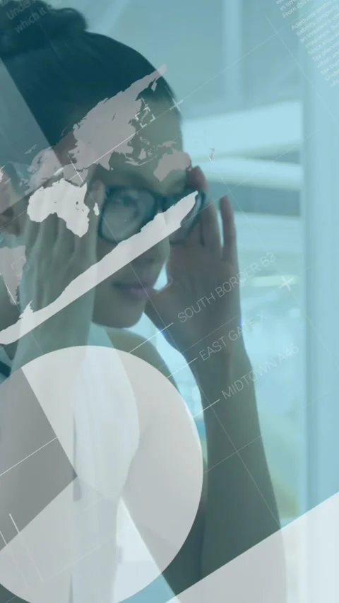Animation of statistical data processing against stressed asian woman at office Stock Footage 344775078