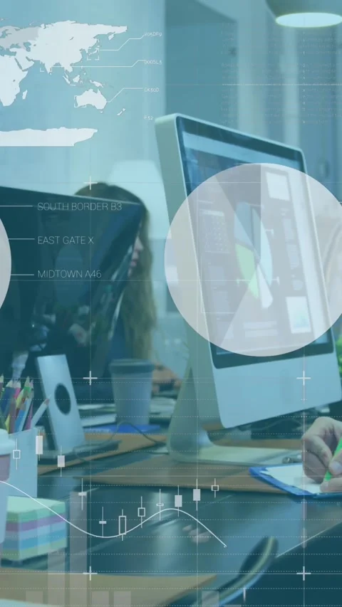Animation of statistical data processing against caucasian man taking notes at Stock Footage 344775167
