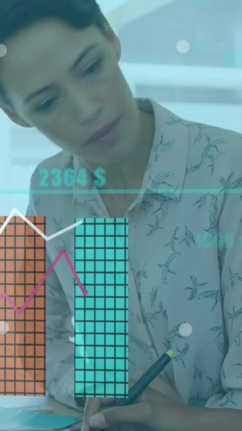 Animation of statistical data processing against two diverse women discussing at Stock Footage 344775210
