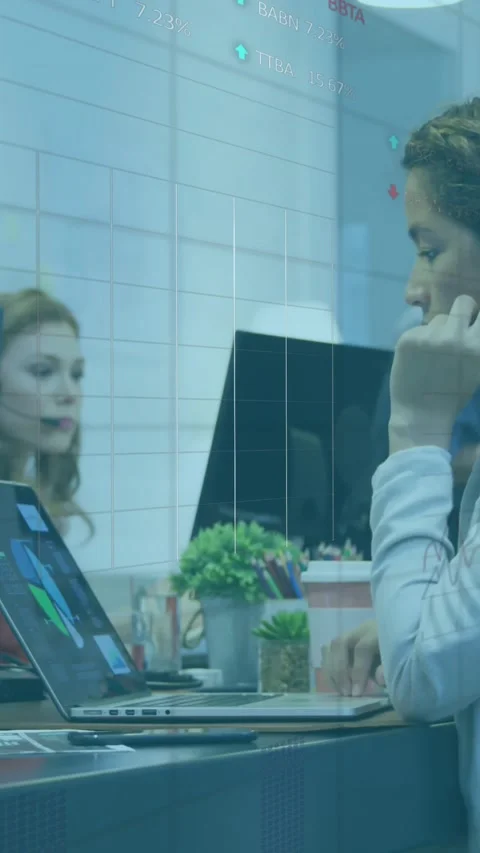 Animation of statistical data processing against woman talking on phone headset Stock Footage 344783746