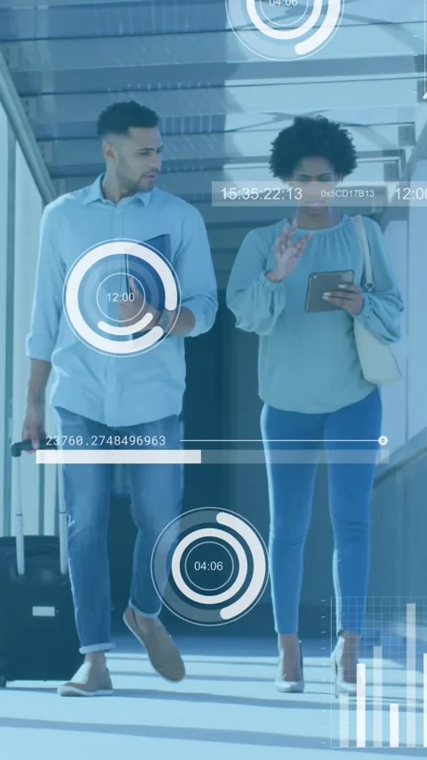 Animation of statistical data processing against diverse man and woman Stock Footage 344783803