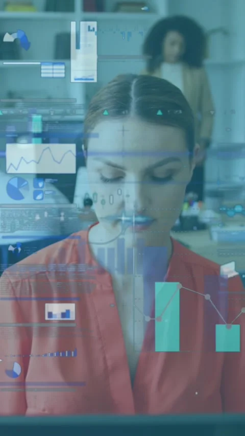Animation of statistical data processing against caucasian woman working at Stock Footage 344803032