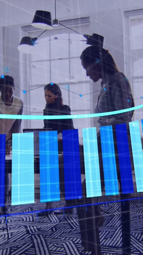Animation of statistical data processing against diverse colleagues discussing Stock Footage 344803168