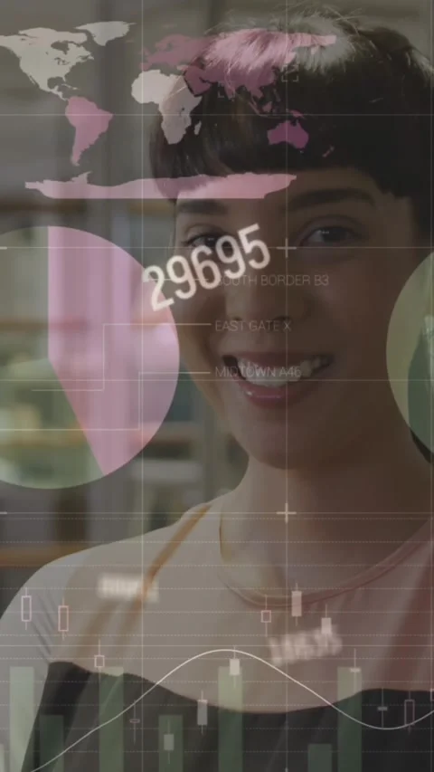 Animation of statistical data processing against portrait of woman smiling at Stock Footage 344803385
