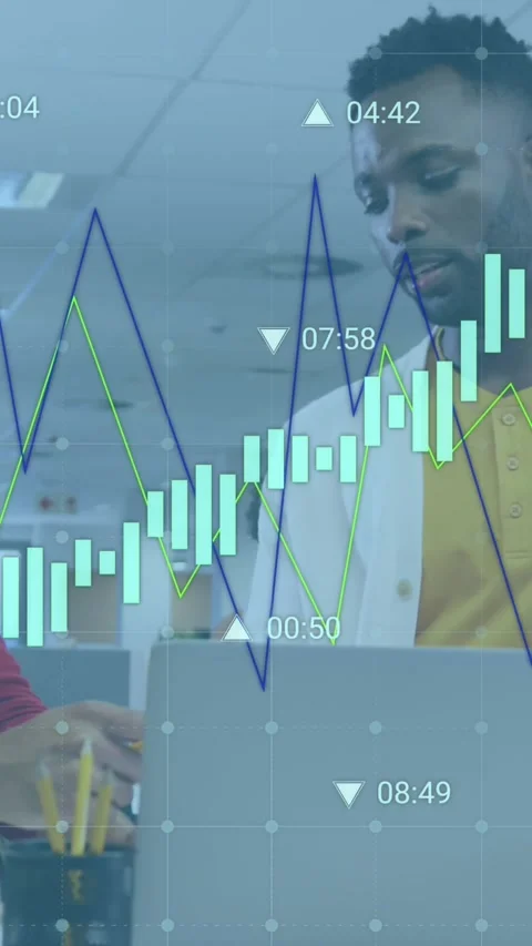 Animation of statistical data processing against two diverse man discussing over Stock Footage 344803391