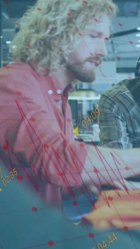 Animation of statistical data processing against two male fashion designers Stock Footage 344803407