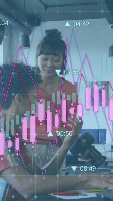 Animation of statistical data processing against diverse colleagues discussing Stock Footage 344803411
