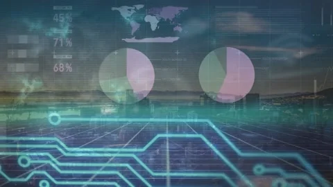 Animation of statistical data processing and microprocessor connections on Vídeo Stock 234948867