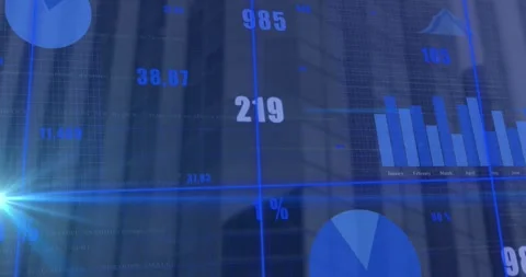 Animation of statistical data processing and blue light spot against aerial view 動画素材 240986655