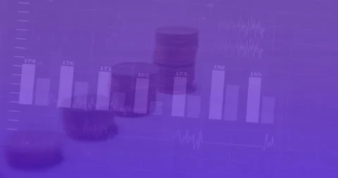 Animation of statistical data processing and stack of coins against purple Stock Footage 242092792