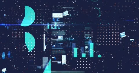 Animation of statistical data processing and microprocessor connections against Vídeo Stock 245976924