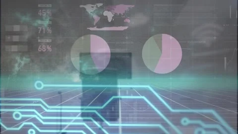 Animation of statistical data processing and microprocessor connections against Vídeo Stock 325774144