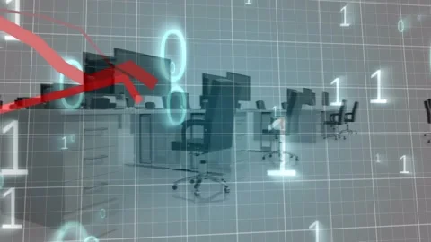 Animation of statistical data processing and binary coding against 3d office Stock Footage 325966039