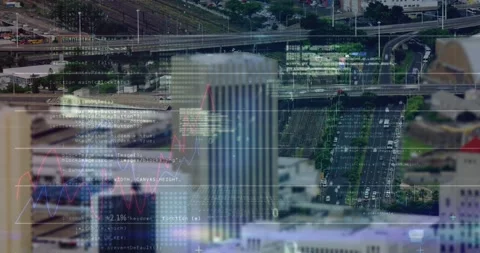 Animation of statistical data processing and blue light spot against aerial view 動画素材 327641956