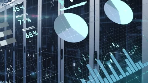 Animation of statistical data processing and spot of light against computer Vídeos de archivo 328014467