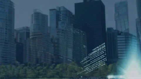 Animation of statistical data processing and blue light spot against aerial view 動画素材 328413057