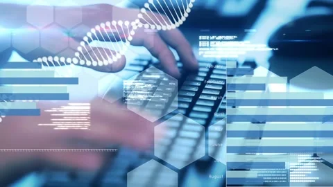 Animation of statistical data processing and dna structure over mid section of Stock Footage 329124739