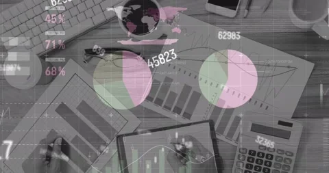 Animation of statistical data processing and changing numbers over office 스톡 동영상 329968078