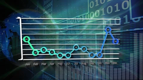 Animation of statistical data processing and spinning globe over music equalizer Stock Footage 330728262