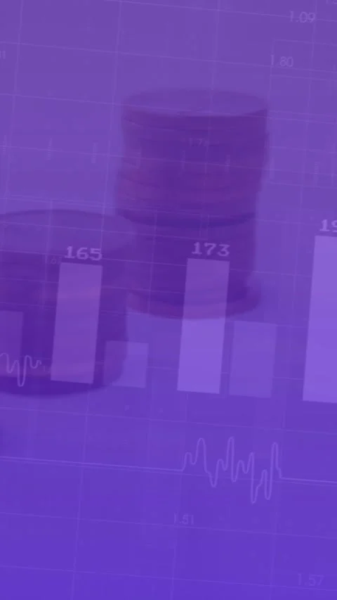 Animation of statistical data processing and stack of coins against purple Stock Footage 344678689