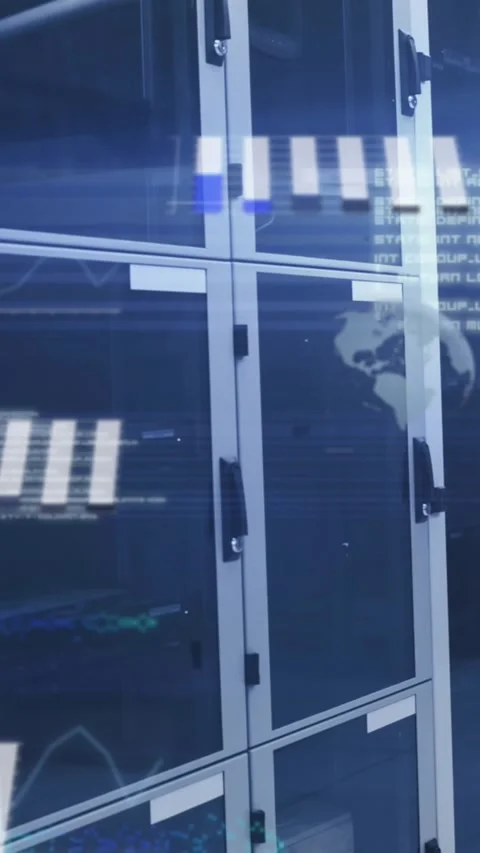 Animation of statistical data processing and light spots against computer server Stock Footage 344693777