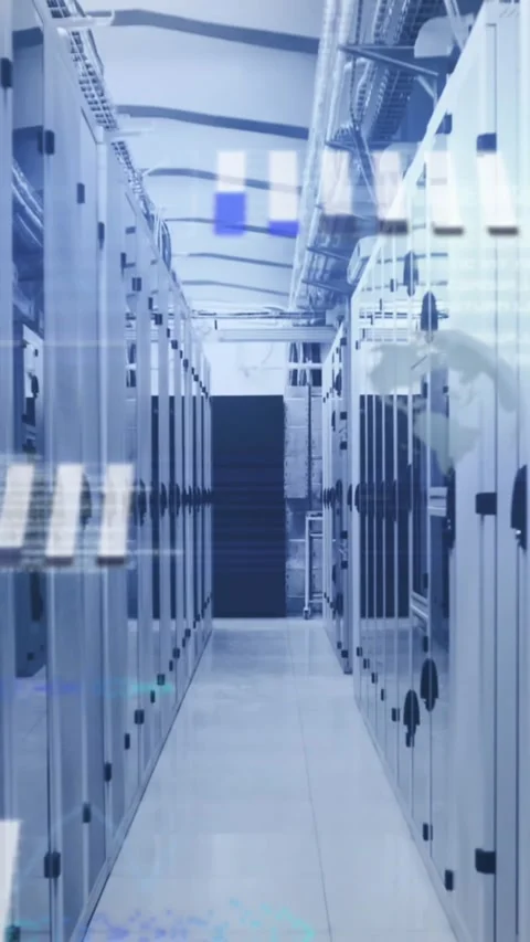 Animation of statistical data processing and light spots against computer server Stock Footage 344723462