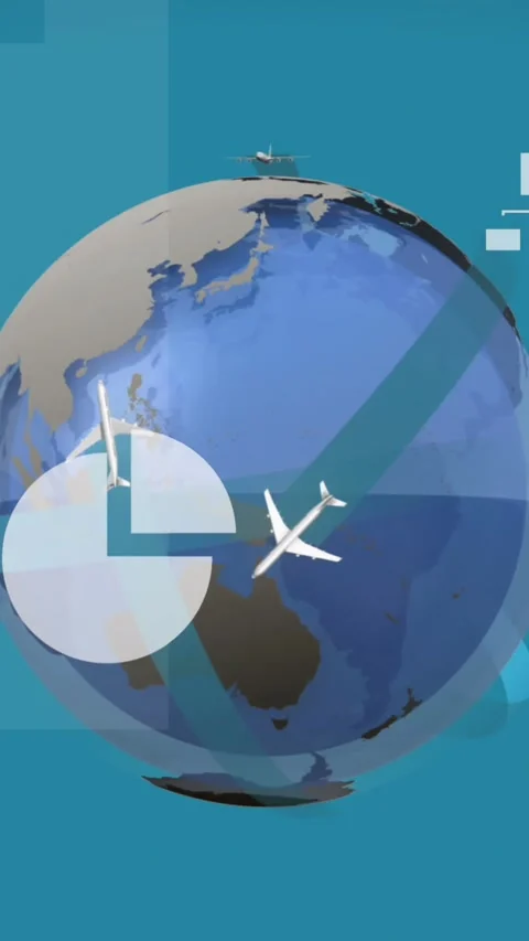 Animation of statistical data processing and airplane icons over spinning globe Stock Footage 344766238