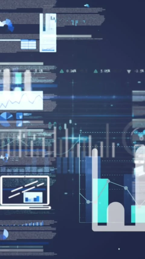 Animation of statistical data processing and blue light spot against blue Stock Footage 344803113