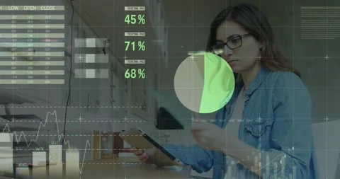Animation of statistical data processing on caucasian woman reading document Stock Footage 253470909
