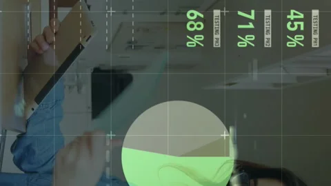 Animation of statistical data processing on caucasian woman reading document Stock Footage 313166445