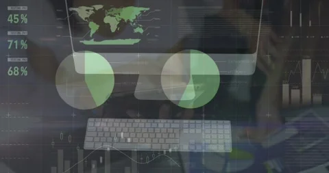 Animation of statistical data processing on computer over mid section of woman 스톡 동영상 327361366