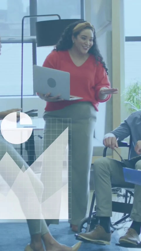 Animation of statistical data processing, digital icons over diverse colleagues Stock Footage 344803412