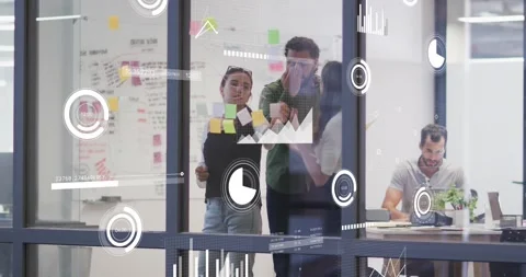 Animation of statistical data processing on diverse colleagues discussing over Stock Footage 255106436