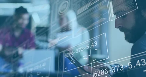 Animation of statistical data processing on diverse man and woman discussing Stock Footage 327900854