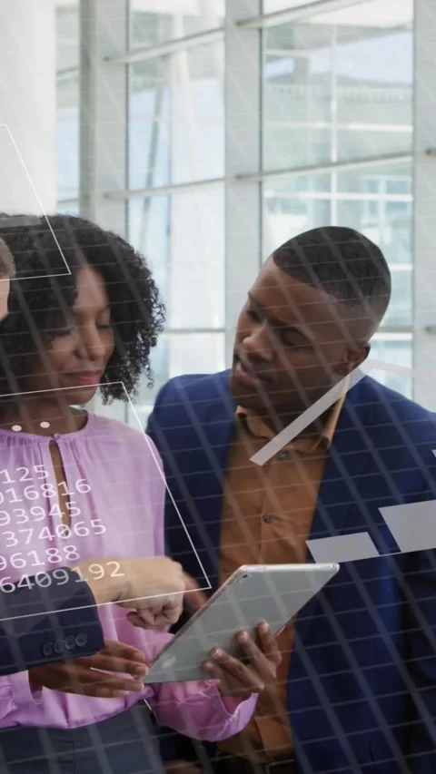 Animation of statistical data processing on diverse businesspeople discussing Stock Footage 344783831