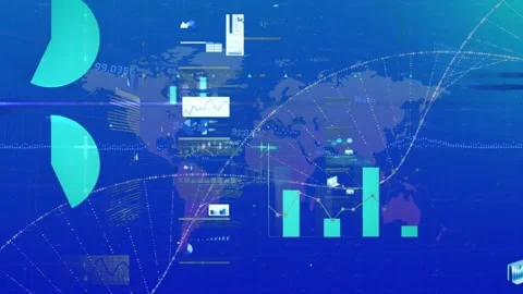 Animation of statistical data processing, dna structure and world map on blue Stock Footage 326627496