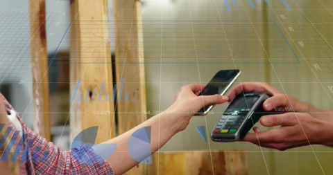 Animation of statistical data processing over caucasian woman making a payment Stock Footage 202073561