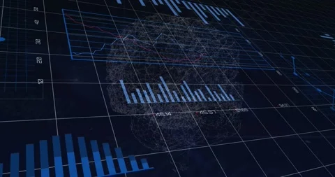 Animation of statistical data processing over spinning human brain against blue Stock Footage 203872510