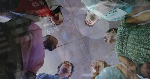 Animation of statistical data processing over diverse colleagues stacking hands Stock Footage 203884056