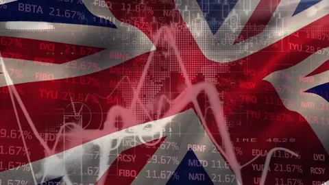 Animation of statistical data processing over waving uk flag against world map Stock Footage 220589973