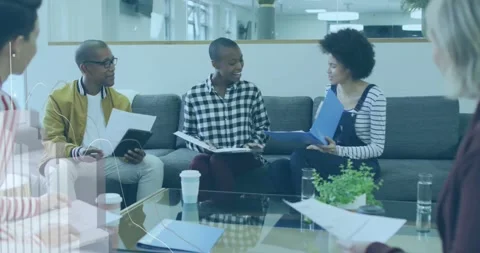 Animation of statistical data processing over diverse colleagues with documents Stock Footage 227610246