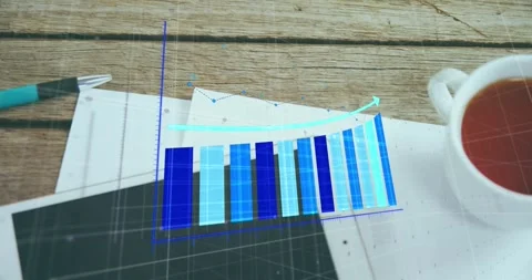 Animation of statistical data processing over digital tablet, documents, coffee Stock Footage 241075936