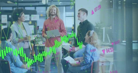 Animation of statistical data processing over diverse colleagues with documents Stock Footage 249071860