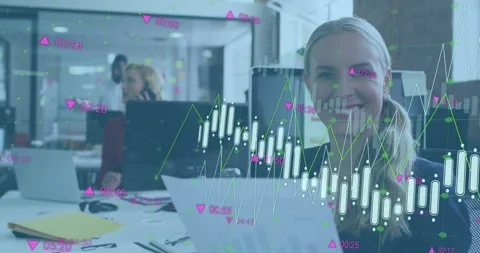 Animation of statistical data processing over caucasian woman holding a document Video stock 249325736