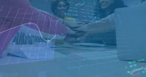 Animation of statistical data processing over diverse colleagues stacking hands Stock Footage 250315523