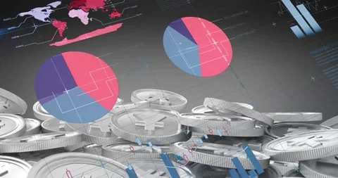 Animation of statistical data processing over stack of yen coins against grey Stock Footage 256065571